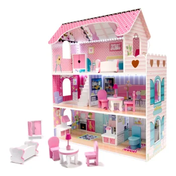 Liela Bērnu Spēļu MDF Koka Leļļu Māja ar Mēbelēm Piederumiem 70cm, Rozā | Play Dollhouse with Furniture
