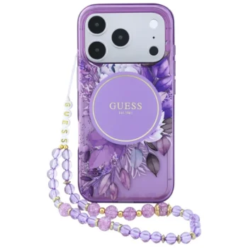 Guess IML Flowers Pearl Strap MagSafe ümbris iPhone 18 Pro Max / 17 Pro Max, lilla