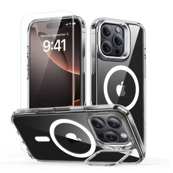 ESR CLASSIC HYBRID KICKSTAND HALOLOCK MAGSAFE & RŪDĪTS STIKLS IPHONE 16 PRO MAX CAURSPĪDĪGS | TEMPERED GLASS...
