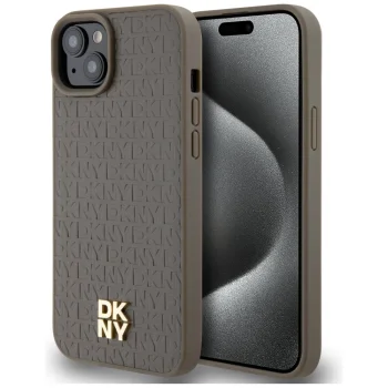 Чехол DKNY для iPhone 15 Plus Leather Monogram MagSafe, коричневый