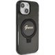 Guess iPhone 15 Plus / 14 Plus vāciņš Ring Stand Script Glitter MagSafe, melns