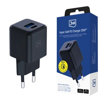 Сетевое зарядное устройство 3mk Hyper GaN 20W USB-C USB-A, черное