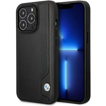BMW iPhone 14 Pro Max Case Leather Blue Dots, Black