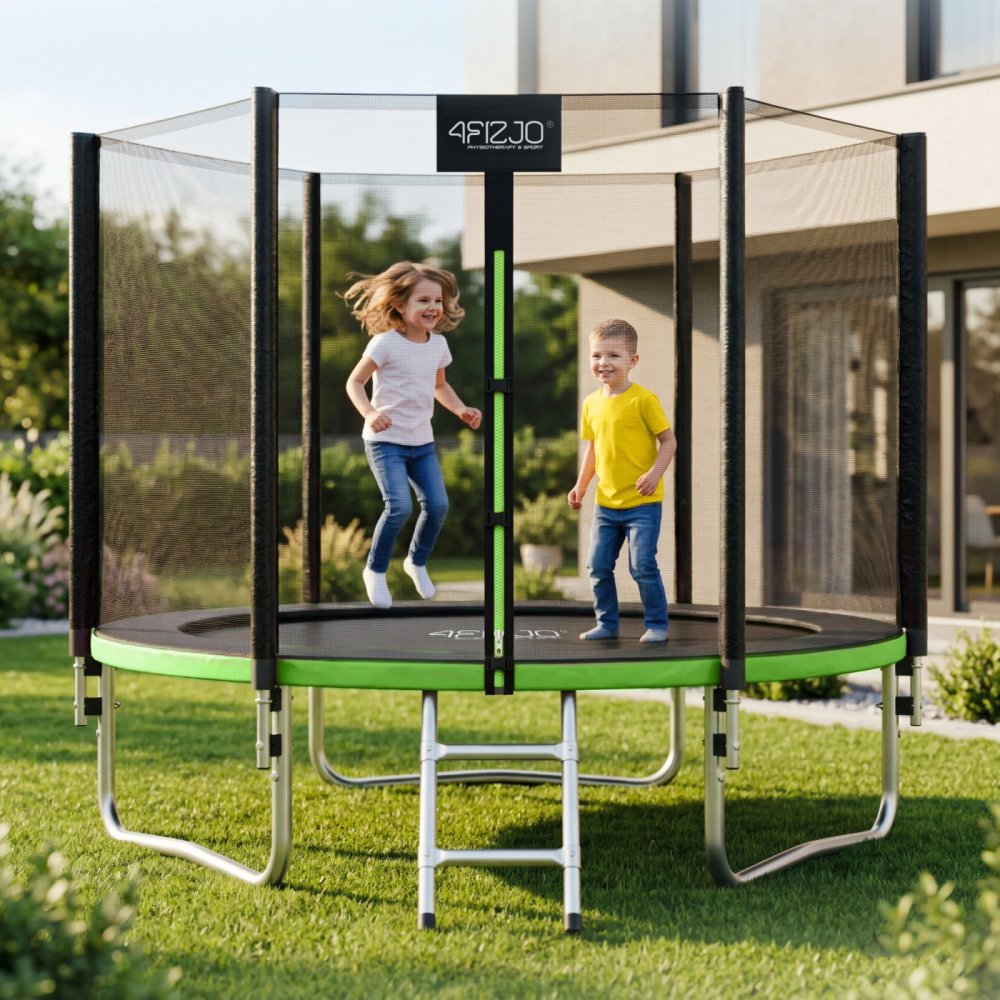 4Fizjo CLASSIC 252 cm (8FT) dārza batuts ar aizsargtīklu un kāpnēm, zaļš/melns (2)