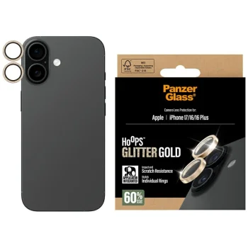 PanzerGlass Hoops Glitter rūdīta stikla kameras lēcu aizsargstikls iPhone 17 / 16 / 16 Plus – Zelts | Tempered...