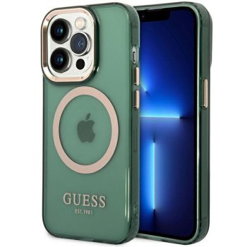 Guess iPhone 14 Pro Max Case Gold Outline Translucent MagSafe, Green