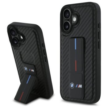 BMW iPhone 16 vāciņš M Grip Stand Smooth and Carbon, melns