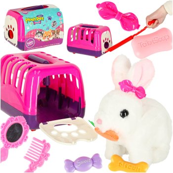 Interactive plush bunny with moving ears and basket, white/pink/purple