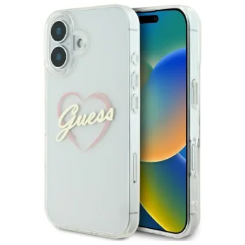 Чехол Guess для iPhone 16 IML Heart, прозрачный