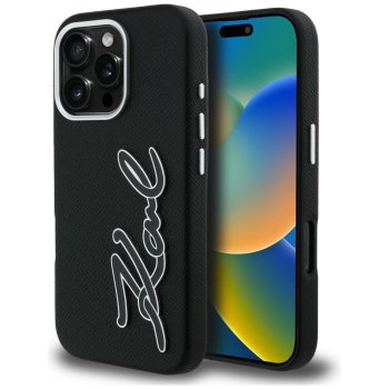 Karl Lagerfeld FW Grained Signature Logo vāciņš iPhone 16 Pro Max, Melns