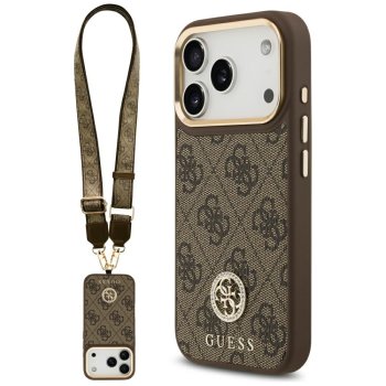 Guess MagSafe vāciņš iPhone 17 Pro ar 4G strasu logotipu, lielo siksnu un metāla pogām — brūns | Phone Case...