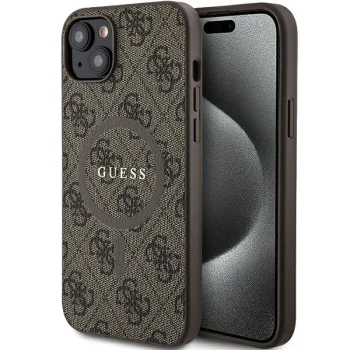 Guess 4G Collection Leather Metal Logo MagSafe vāciņš iPhone 15 Plus / 14 Plus, brūns