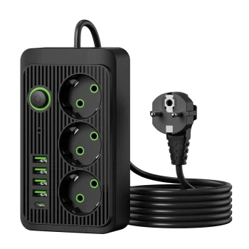 Pagarinātājs Carruzzo, 3 kontaktligzdas, 4x USB-A, 1x USB-C, slēdzis, 2m, 2500W
