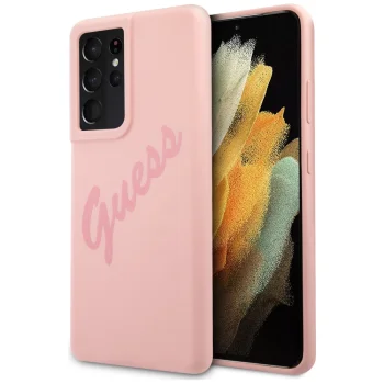 Чехол Guess для Galaxy S21 Ultra Silicone Vintage Script, розовый