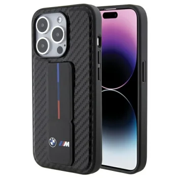 BMW iPhone 15 Pro vāciņš Grip Stand Smooth & Carbon, melns