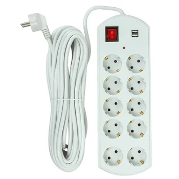 Extension Cord 10m, 10 Sockets, 2x USB, with Switch, White