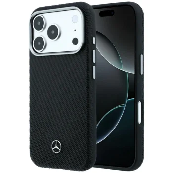 Mercedes Leather Semi Wrap Wood Effect MagSafe vāciņš iPhone 17/18 Pro Max, melns
