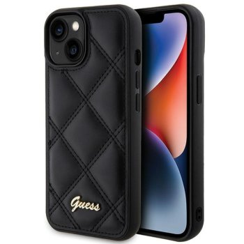 Guess iPhone 15 vāciņš Quilted Metal Logo, melns