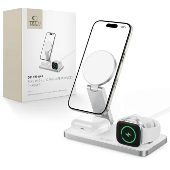 Беспроводное зарядное устройство 3-в-1 Tech-Protect QI15W-A47 MagSafe, белое