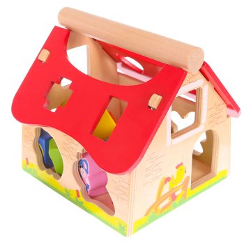 ECOTOYS Wooden Farmhouse Shape Sorter with 12 Animal Blocks, from 12 Months