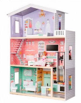 Koka DIY Leļļu Māja ar Mēbelēm Konstruktors 117 cm | Wooden Pastel Dollhouse Villa DIY Model with Furniture