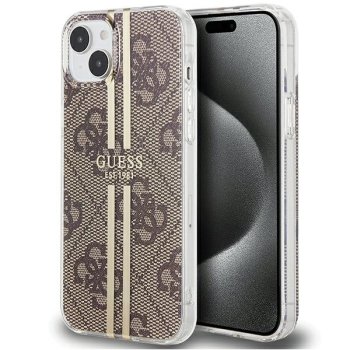 Guess iPhone 15 Plus Case IML 4G Gold Stripe, Brown