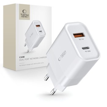 Tech-Protect C30W lādētājs USB-C PD 30W / USB-A QC 3.0 – balts