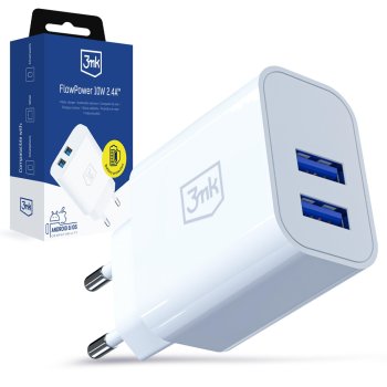 3Mk Protection FlowPower 10W 2.4A sienas lādētājs, 2x USB-A, balts