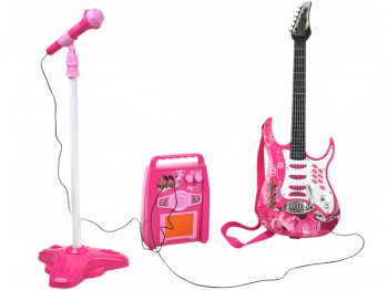 Bērnu Elektriskā Ģitāra, mikrofons un skaļrunis ar statīvu rozā krāsā | Rock N Roll Guitar with microphone