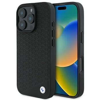 Чехол BMW для iPhone 16 Pro Max Signature Leather Diamond Metal Logo MagSafe, черный