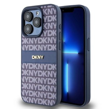 Apple iPhone 15 Pro 6.1'' DKNY Leather Mono Stripe Metal Logo Case Cover, Blue