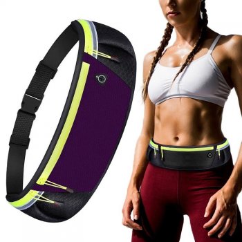 Ultimate Reflective Stripe Running Fitness Belt Waist Pack Bag with Headphone Outlet, Black-Purple | Skriešanas...