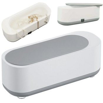 Vibrating cleaner for jewelry, glasses, and tools, white-grey