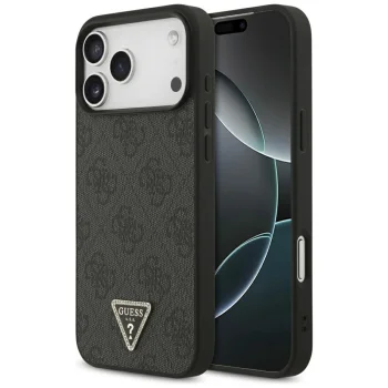 Guess iPhone 17 Pro Max vāciņš Leather 4G Triangle Strass MagSafe, melns