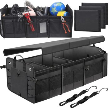 Liels automašīnas bagāžnieka organizators, salokāms ar siksnām, melns