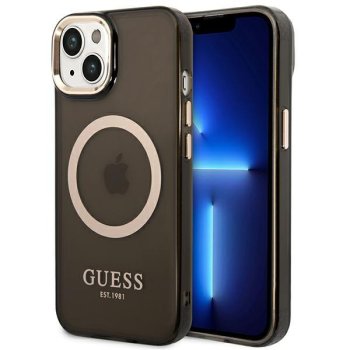 Guess iPhone 14 vāciņš Gold Outline Translucent MagSafe Melns/Zelts