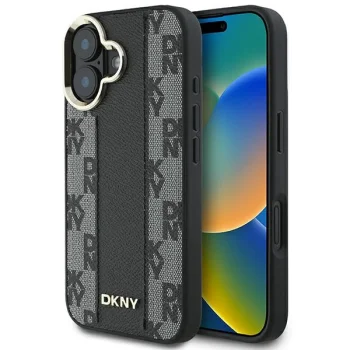Чехол DKNY для iPhone 16 Leather Checkered Mono Pattern MagSafe, черный