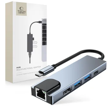 Tech-Protect V3 5in1 USB-C centrmezgls (HUB) ar HDMI un RJ45, pelēks