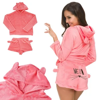 Sieviešu divdaļīga plīša pijama ar kapuci, īsie šorti, L izmērs, rozā