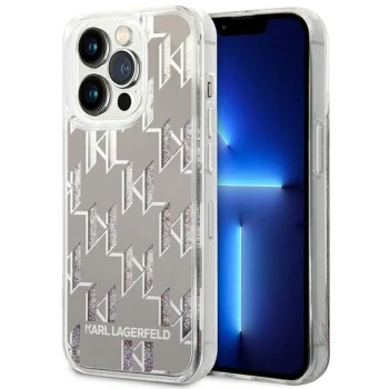 Чехол Karl Lagerfeld Liquid Glitter Monogram для iPhone 14 Pro, серебристый