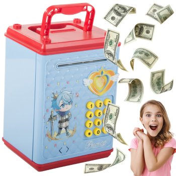 Interactive safe-style money box with PIN code for banknotes and coins, blue