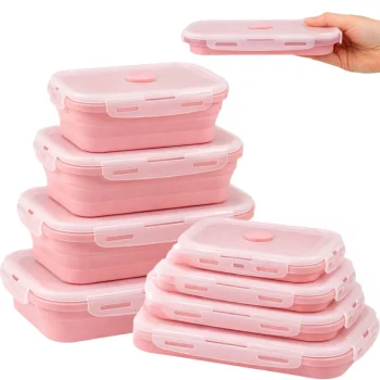 Collapsible Silicone Food Storage Containers 4 Pcs Lunch Box, Pink