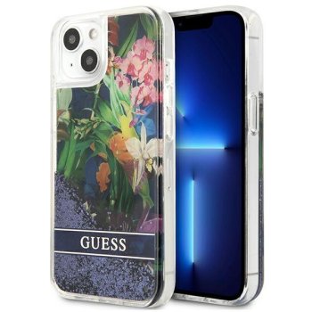 Guess iPhone 13 mini Case Flower Liquid Glitter Blue
