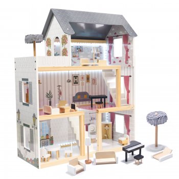 Liela Bērnu Spēļu Koka Leļļu Māja ar Mēbelēm Piederumiem un LED Gaismu, 78cm | Play Dollhouse with Furniture
