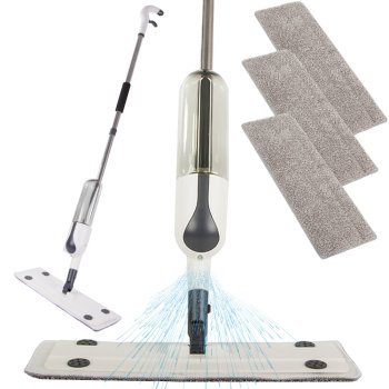 Flat mop with spray, rotating, 3 microfiber pads, white