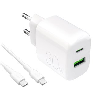 Puro PROLITE 30W USB-A / USB-C sienas lādētājs + USB-C – USB-C kabelis 1,2 m – balts