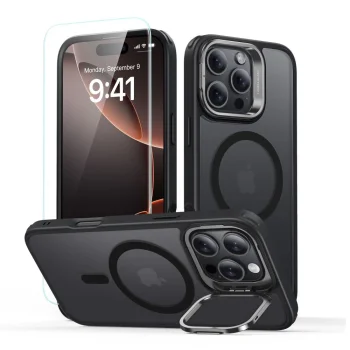 ESR CLASSIC HYBRID KICKSTAND HALOLOCK MAGSAFE & RŪDĪTS STIKLS IPHONE 16 PRO FROSTED BLACK | TEMPERED GLASS