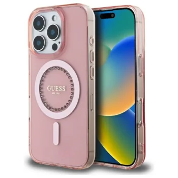 Чехол Guess для iPhone 16 Pro IML Rhinestones MagSafe, розовый