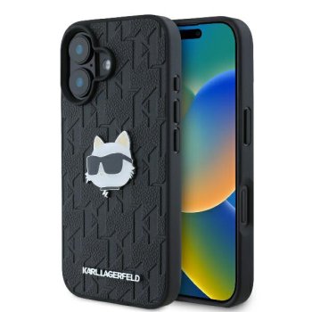 Apple iPhone 16 6.1'' Karl Lagerfeld Monogram Choupette Head Pin Cover Case, Black