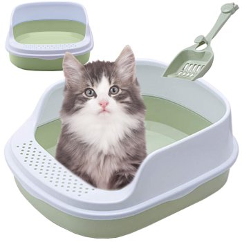 Open cat litter box with rim and large scoop, green